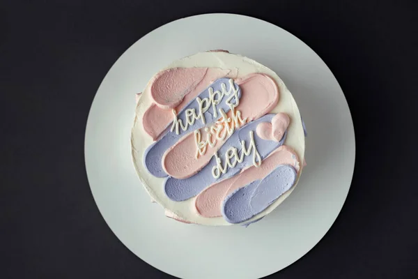 Bolo Bento Com Cobertura Queijo Creme Azul Rosa Texto Aniversário — Fotografia de Stock