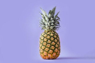 Mor arkaplanda tam ananas ve metin için fotokopi alanı. 2022 Yılının Rengi Tropik hissi ile çok Peri arkaplanı