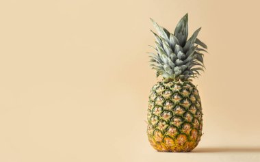 Bej arka planda tam bir ananas. Tropik hissi olan yaz arkaplanı