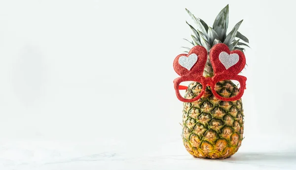 Whole Pineapple Isolated White Background Red Heart Shaped Glasses Happy — Stock Photo, Image