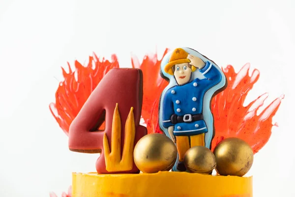 Birthday Cake Decorated Gingerbread Cookies Shape Fire Truck Fireman Little — ストック写真