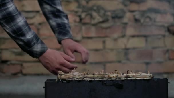 Homem Vira Churrasqueira Sobre Fogueira Cozinhar Bifes Carne Livre — Vídeo de Stock