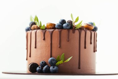 Üzerinde yabanmersini, şeker ve çikolata damlalarıyla süslenmiş kahverengi doğum günü pastası. Beyaz arkaplan.