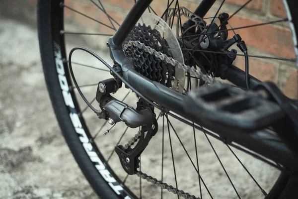 Bisikletin arka raydan çıkarıcılarını kapatın. Zincirli, vitesli ve disk frenli roket kaset. Bisiklet tamiri ve bakım işleri. Bisikleti sezona hazırlıyorum.