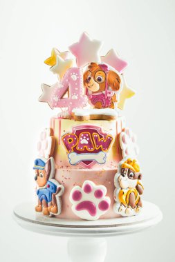 Kyiv, Ukrayna - Haziran 02: PaW Patrol 'un yavru köpek şeklinde zencefilli kurabiyelerle süslenmiş animasyon televizyon dizilerinin küçük bir hayranı için doğum günü pastası