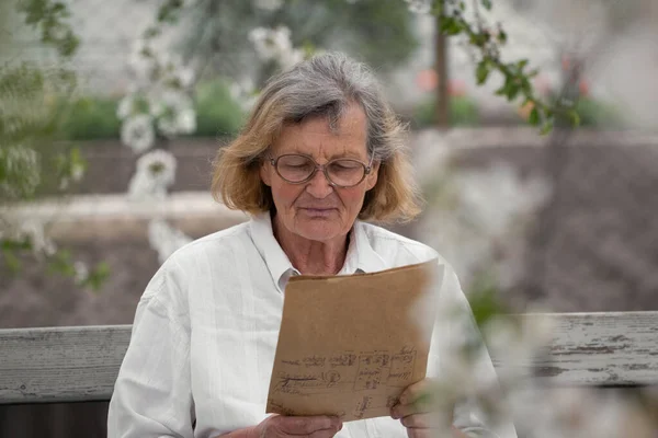 Portrait of a senior woman with grey hair wearing glasses. beautiful elderly woman sitting on a bench in the garden and reading