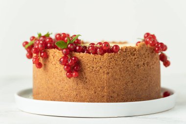 Beyaz tabakta, beyaz arka planda kırmızı frenk üzümü ile süslenmiş klasik New York peynirli keki.