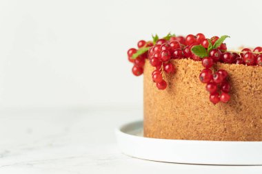 Beyaz tabakta, beyaz arka planda kırmızı frenk üzümü ile süslenmiş klasik New York peynirli keki.