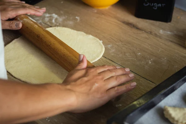 Woman Hands Roll Out Puff Pastry Make Cookies Dark Background — 스톡 사진
