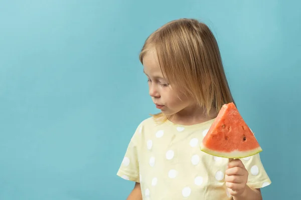 Cute Little Girl Enjoying Big Slice Juicy Red Watermelon Blue — Zdjęcie stockowe