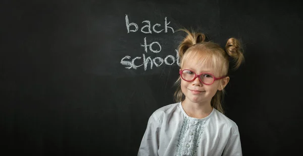 Portrait Little Caucasian Girl Wearing Glasses Elementary School Student Black — ストック写真