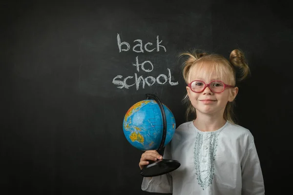 Portrait Little Caucasian Girl Wearing Glasses Elementary School Student Holding — ストック写真