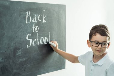 Cute caucasian schoolboy wearing glasses and writing Back to school text on the black school board in the classroom at elementary school.