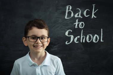 Cute caucasian schoolboy wearing glasses and holding the Globe against the black school board in the classroom at elementary school. Back to school concept