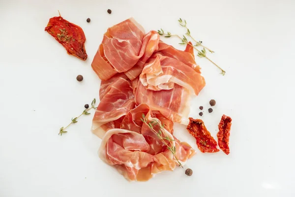 Slices Dried Spanish Ham Italian Sun Dried Tomatoes Jamon Serrano — Fotografia de Stock