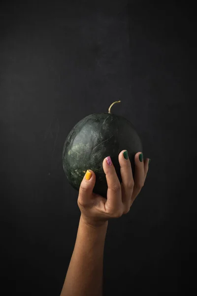 Woman Hand Beautiful Manicure Holds Watermelon Black Background — Fotografia de Stock