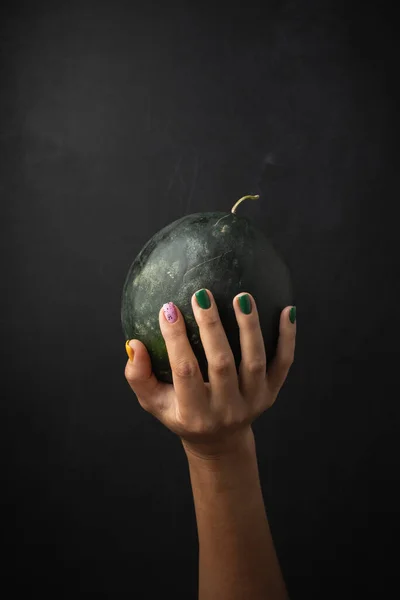 Woman Hand Beautiful Manicure Holds Watermelon Black Background — Fotografia de Stock