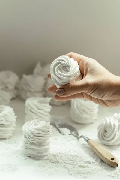 Female Confectioner Hand Hold Homemade Apple White Marshmallow White Background — Stock Photo, Image