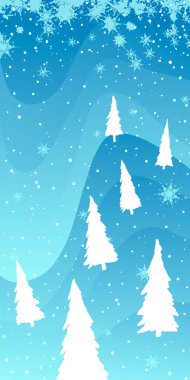 Vektör çizgi film kış çizimi. Düşen karın mavi arkaplanına karşı soyut ağaçlar.