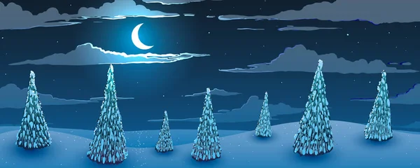 Εικονογράφηση διανύσματος. Νυχτερινό χειμερινό τοπίο. Δέντρα Fir δάσος στους λόφους τη νύχτα με φεγγάρι. — Διανυσματικό Αρχείο