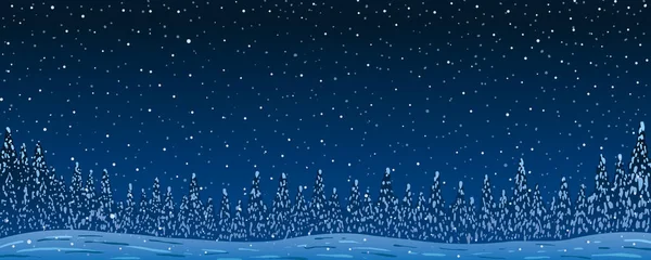 Illustration vectorielle. Paysage hivernal nocturne. Forêt de sapins sur les collines la nuit — Image vectorielle