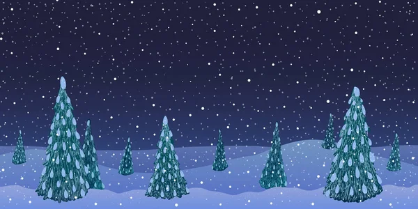 Vector illustration. Night winter landscape. Fir trees forest on hills at night — Stock Vector