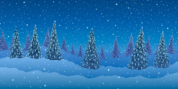 Ilustración de invierno vectorial. Bosque de abetos sobre colinas sobre fondo azul de nieve cayendo. — Vector de stock