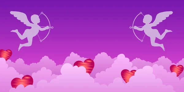 Fondo rosa vectorial con nubes, cupidos y corazones voladores — Archivo Imágenes Vectoriales