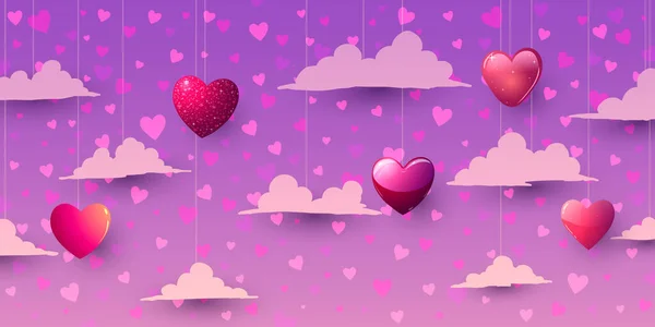 Fondo rosa vectorial con nubes y corazones — Vector de stock
