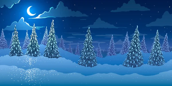 Ilustración vectorial. Paisaje nocturno de invierno. Bosque de abetos en las colinas por la noche con luna. — Vector de stock