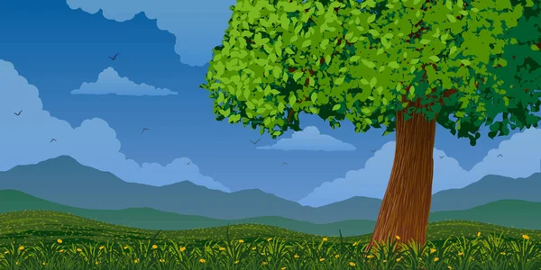 Vector paisaje de primavera. Árbol verde entre prados florecientes y montañas. — Vector de stock