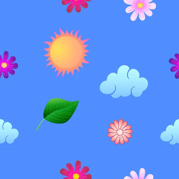 Весенний вектор бесшовный яркий фон с цветами, листьями, солнцем и облаками — стоковый вектор