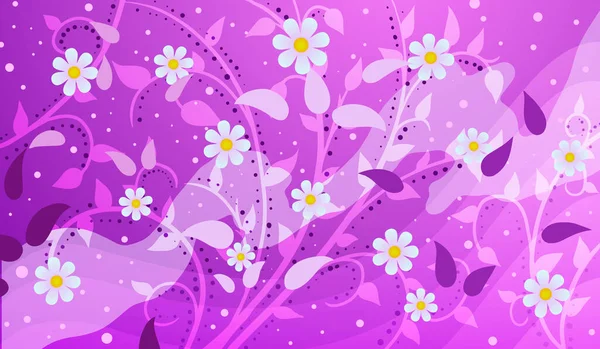 Vettore primavera astratto sfondo piatto luminoso. Rami con fiori e foglie su sfondo viola. — Vettoriale Stock