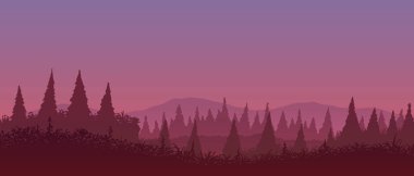 Vektör manzarası. Çiçekli çayırlar ve dağların arasında gün batımında köknar ağaçlarının silueti.