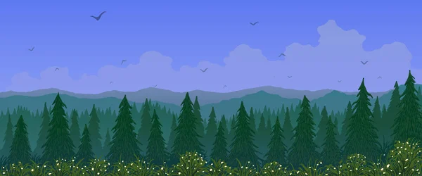 Paysage de dessin animé de printemps. Sapins parmi les prés à fleurs herbe verte et les montagnes — Image vectorielle