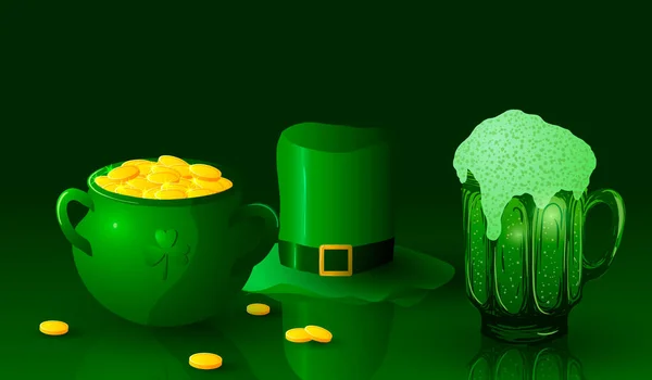 Ilustração vetorial do Dia de São Patrício. pote de ouro com chapéu e cerveja no fundo verde. — Vetor de Stock