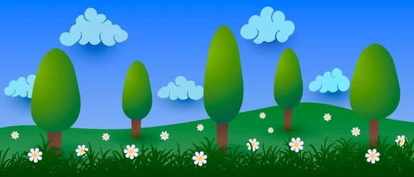 Verão paisagem dos desenhos animados. Nuvens de vetor, pássaros e árvores na grama de floração verde — Vetor de Stock