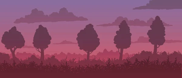 Paysage vectoriel. Silhouette des arbres parmi la prairie fleurie au coucher du soleil. — Image vectorielle