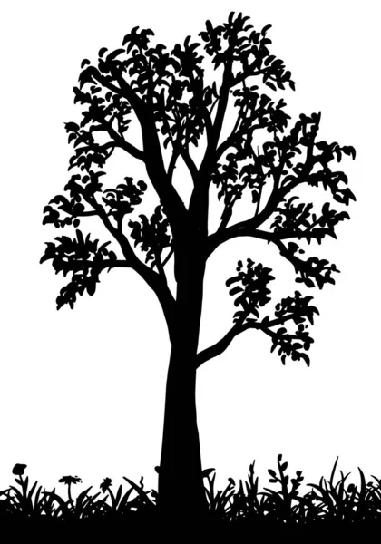 Árbol vectorial verde sobre silueta de hierba floreciente aislada sobre fondo blanco — Vector de stock