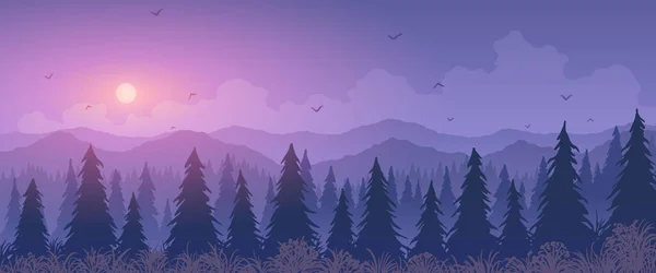 Paisaje vectorial. Silueta de abetos entre prados florecientes y montañas al atardecer. — Vector de stock