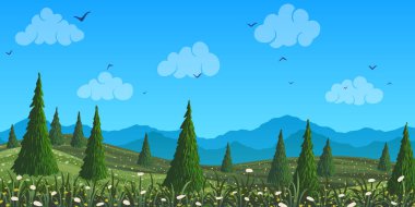 Yay vektör manzarası. Dağların ve çayırların arasındaki fidan ağaçları.