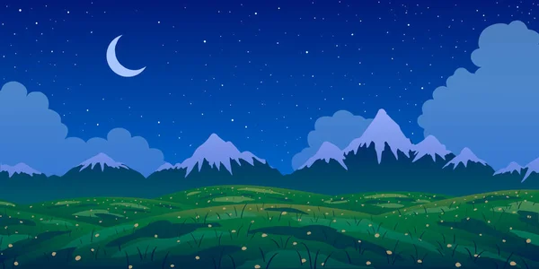 Paesaggio vettoriale di primavera. Montagne e prati fioriti di notte stellata. Illustrazione astratta piatta. — Vettoriale Stock