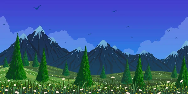 ภูมิทัศน์เวกเตอร์ฤดูใบไม้ผลิ ต้นเฟอร์ท่ามกลางภูเขาและทุ่งหญ้าดอกไม้ . — ภาพเวกเตอร์สต็อก