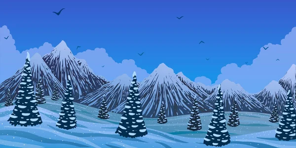 Krajobraz zimowej panoramy wektorowej. Kreskówkowe góry śnieżne i las drzew — Wektor stockowy
