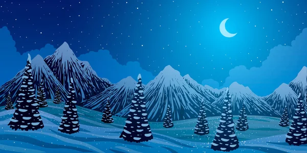 Vektor Winterpanorama Landschaft. Karikatur schneebedeckte Berge und Bäume Wald in der Nacht — Stockvektor