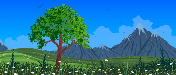 Spring vector landscape. Tree among mountains and flowering meadow. — Stock Vector