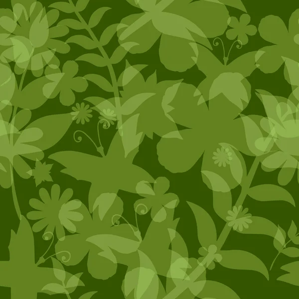 Printemps vecteur vert fond sans couture avec des fleurs, des feuilles et des papillons — Image vectorielle