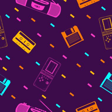 90 'lı yıllardan nesnelerle renksiz vektör arkaplanı