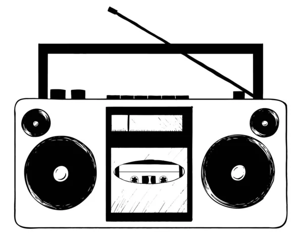 Grabadora de cinta vectorial de los años 90 con radio aislada sobre fondo blanco dibujado en trazos — Archivo Imágenes Vectoriales