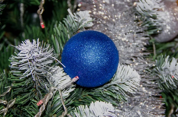 Beautiful blue Christmas ball on the tree. close-up